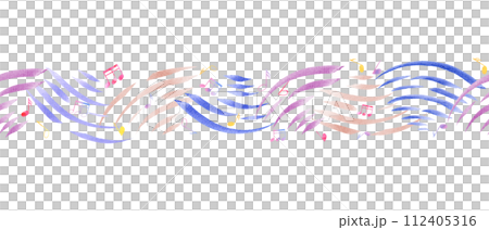 Seamless border with abstract music waves and music notes. Multicolored note symbols. Musical cute atmosphere. Watercolor illustration for textile, package, wrapping 112405316