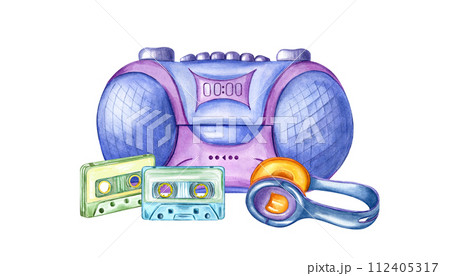 Boombox player, two Audio cassettes and headphone. Tape recorder, Earpiece for listening to music. Retro 90s, 2000s style. Music, sound, playlist, audio accessories. Watercolor illustration Boombox player, two Audio cassettes and headphone. Tape recorder, Earpiece for listening to music. Retro 90s, 2000s style. Music, sound, playlist, audio accessories. Watercolor illustration 112405317