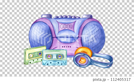 Boombox player, two Audio cassettes and headphone. Tape recorder, Earpiece for listening to music. Retro 90s, 2000s style. Music, sound, playlist, audio accessories. Watercolor illustration Boombox player, two Audio cassettes and headphone. Tape recorder, Earpiece for listening to music. Retro 90s, 2000s style. Music, sound, playlist, audio accessories. Watercolor illustration 112405317