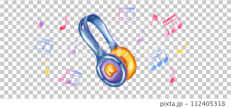 Headphones with musical notes. Yellow blue earphones. Note symbols flying to the sides. Music multicolored note elements. Color watercolor illustration. Nostalgia for the 90s, for party design 112405318