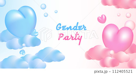 Gender Party invitation template vector illustration design. Cartoon 3d pink and blue 3d hearts, clouds, stars, sun and bubbles. Celebration greeting card. Gender Party invitation template vector illustration design. Cartoon 3d pink and blue 3d hearts, clouds, stars, sun and bubbles. Celebration greeting card. 112405521