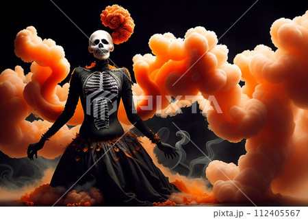 AI-generated content. A man with creepy skeleton makeup for Halloween. Generative AI. 112405567