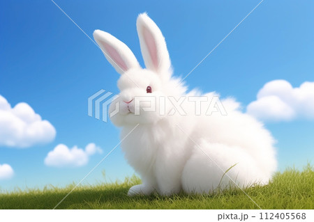 AI-generated content. A cute fluffy white bunny sits on green grass against a cloudy sky. Artificial intelligence.  112405568