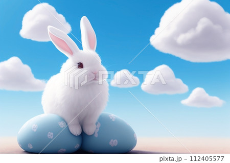 AI-generated content. A white bunny is worth two blue Easter eggs against a cloudy sky. Artificial intelligence.  112405577