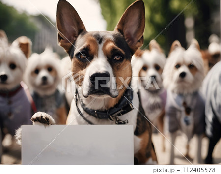 AI-generated content. Dog at a rally with an empty sign. AI created. 112405578