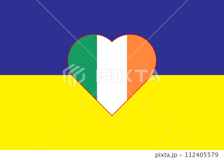 Heart painted in the colors of the flag of Ireland on the flag of Ukraine. Illustration of a heart with the national symbol of Ireland on a blue-yellow background 112405579