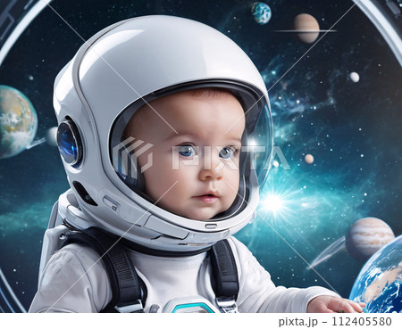 AI-generated content. Portrait of a baby in astronaut uniform. AI generated. 112405580