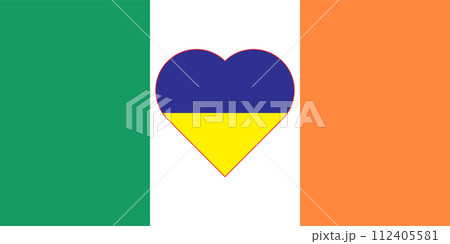 A heart painted in the colors of the flag of Ukraine on the flag of Ireland. Illustration of a blue and yellow heart on the national symbol 112405581