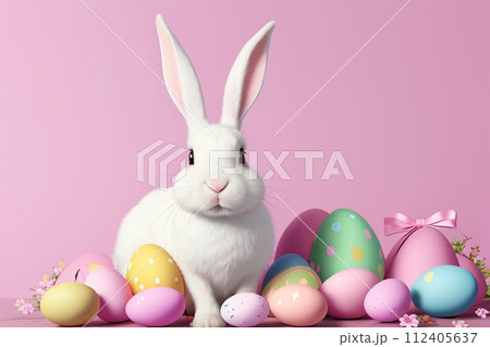 AI-generated content. White Easter Bunny with painted eggs on a pink background. Artificial intelligence. Generative AI.  112405637