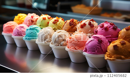 Super detailed photo of ice cream in boxes. Depth of field. Appetizing photo of food. Generative AI 112405682
