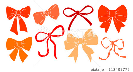 Hand Drawn Ribbon Bow. Pink and red hair clip for a girl. A set of simple elements. Hand Drawn Ribbon Bow. Pink and red hair clip for a girl. A set of simple elements. 112405773
