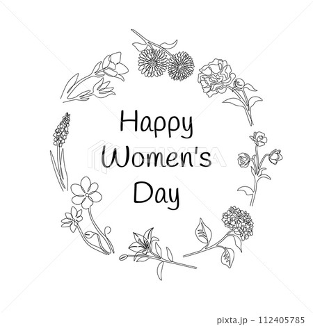 Happy Women's Day. Flowers line drawing. Botanical frame. Greeting card. International female celebration. Outline wildflowers. Blossoms border. Blooming plants. Spring female holiday vector banner 112405785