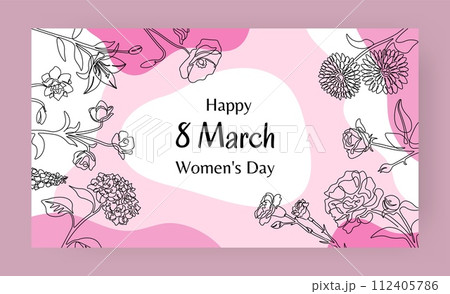 Happy Women's Day. 8 March. Flowers line drawing. Botanical pink frame. Greeting card. International female celebration. Garden bouquet. Blooming plant. Wildflower sketch. Spring holiday vector banner 112405786
