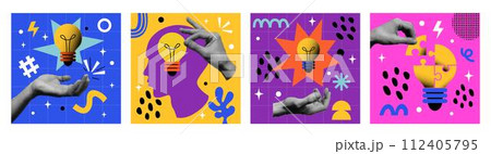 Idea lamp. Paper hand. Business innovation and brainstorm. Halftone magazine effect. Creative thinking. Human mind. Retro abstract graphic. Finding solution. Contemporary study. Vector banners set Idea lamp. Paper hand. Business innovation and brainstorm. Halftone magazine effect. Creative thinking. Human mind. Retro abstract graphic. Finding solution. Contemporary study. Vector banners set 112405795