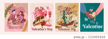 Love couple, romantic relationship. Valentine day card design, dream dating, romance flowers, heart life romantic, woman and man young on date, template design. Romance postcard. Vector cute banner 112405820