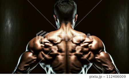 Muscular Man Back View of a Bodybuilder Athlete on a Dark Background - Generative Ai 112406009