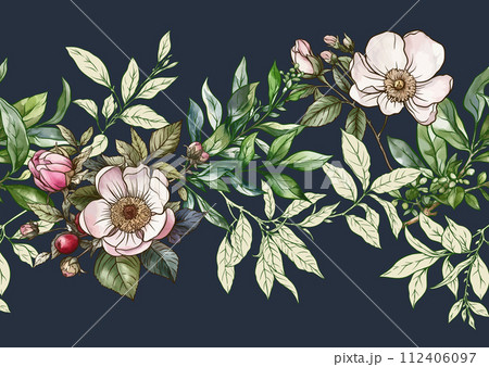 Green tea branch with leaves and wild rose flowers and berries. Green tea branch with leaves and wild rose flowers and berries. 112406097