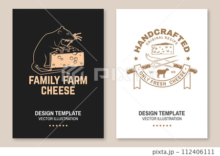 Cheese family farm poster design. Template for logo, branding design with rat, mouse, sheep lacaune, fork, knife for cheese. Vector illustration. Handcrafted product cheese Cheese family farm poster design. Template for logo, branding design with rat, mouse, sheep lacaune, fork, knife for cheese. Vector illustration. Handcrafted product cheese 112406111