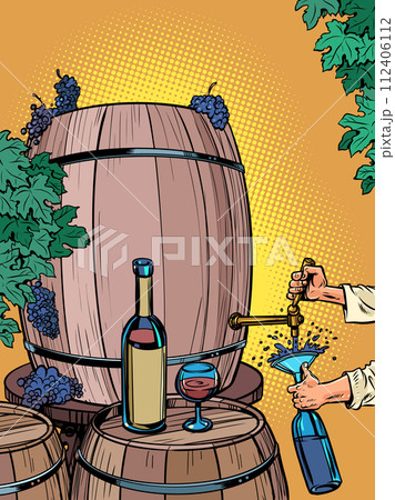 The process of making wine and drinking it. A man pours a bottle of liquid from a barrel of grapes. Alcoholic drinks with incredible taste for a restaurant. 112406112