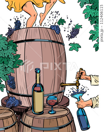 The process of creating wine and drinking it instantly. A large barrel of grapes, women's feet crushing them, a man pouring a drink into a bottle. Alcoholic drinks with incredible taste. Alcoholic The process of creating wine and drinking it instantly. A large barrel of grapes, women's feet crushing them, a man pouring a drink into a bottle. Alcoholic drinks with incredible taste. Alcoholic 112406115