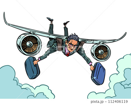 Traveling around the world as part of a business trip. A tourist who uses airplanes and flights. A man with two briefcases flies on the wings of an airplane. Traveling around the world as part of a business trip. A tourist who uses airplanes and flights. A man with two briefcases flies on the wings of an airplane. 112406119