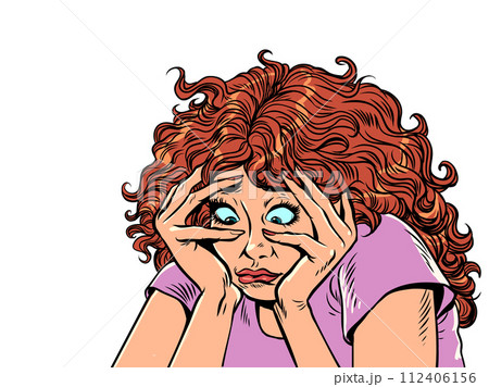Anxious and sad thoughts due to problems in life. The girl holds her head with her hands and looks down with an upset look. Awareness of your actions and the desire to change. 112406156