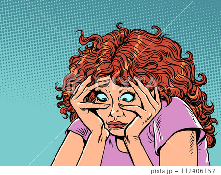 Anxious and sad thoughts due to problems in life. The girl holds her head with her hands and looks down with an upset look. Awareness of your actions and the desire to change. 112406157