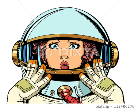 A woman in an astronaut costume is surprised. Space research and experiments of the future. Galactic promotions for women's manicure. A woman in an astronaut costume is surprised. Space research and experiments of the future. Galactic promotions for women's manicure. 112406176