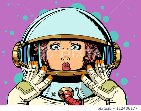 A woman in an astronaut costume is surprised. Space research and experiments of the future. Galactic promotions for women's manicure. 112406177