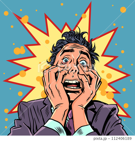 A man in a suit holds his face in a panic. Crazy offers for clients. A desperate situation requiring a quick solution. 112406189