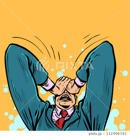 The man in the suit grabbed his head. The boss is unhappy with the incredible losses in the company. Tense business situation with a difficult decision. 112406191