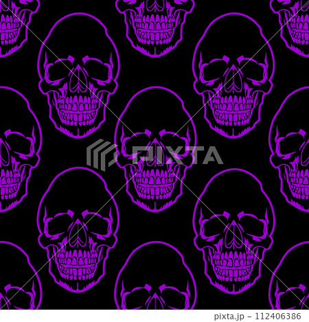 seamless symmetrical pattern of purple human skulls on a black background, texture, design 112406386