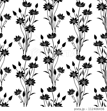 seamless black graphic floral pattern on white background, texture 112406436