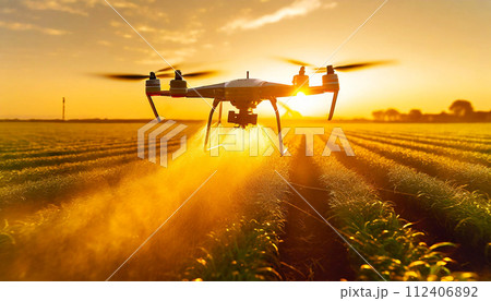 Drone Spraying Pesticides or Fertilizer on a Cultivated Field - Generative Ai 112406892