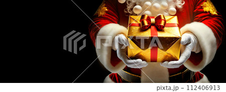 Close-up of Santa Claus Giving a Golden Gift Box - Generative Ai 112406913
