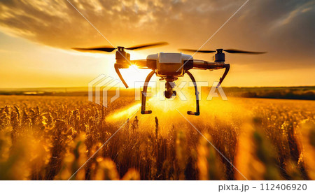 Drone Spraying Pesticides or Fertilizer on a Cultivated Field - Generative Ai 112406920