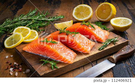 Fresh Salmon Fish Fillet on a Cutting Board with Rosemary Sprigs - Generative Ai 112406921