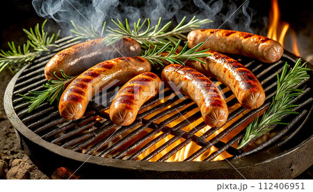 Sausages on the Grill with Blazing Fire Flame - Generative Ai 112406951