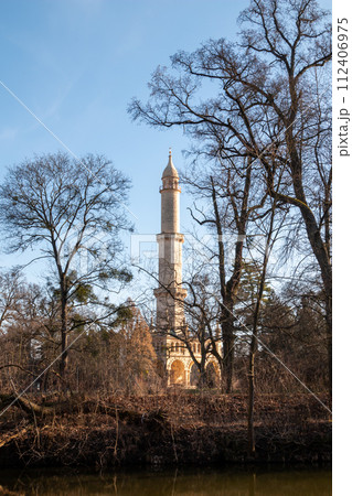 Historical minaret in a park, Lednice, Czechia Historical minaret in a park, Lednice, Czechia 112406975