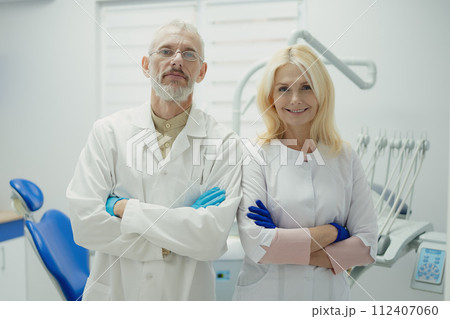 Male and female dental doctors wearing face sitting at his clinic. High quality photo 112407060