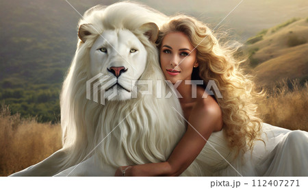 White Lion and a Young Woman with Beautiful Long Curly Blonde Hair - Generative Ai White Lion and a Young Woman with Beautiful Long Curly Blonde Hair - Generative Ai 112407271
