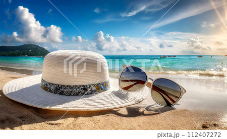 White Straw Hat and Sunglasses on a Sandy Beach - Generative Ai 112407272