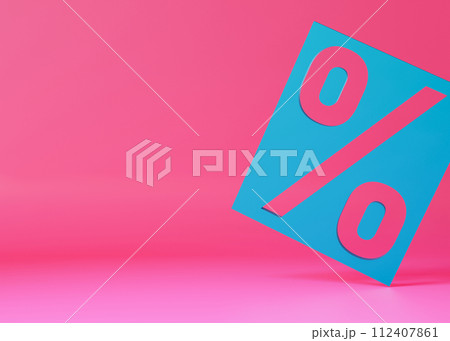 Striking cyan percentage sign against a vivid pink background, symbolizing promotions, discounts, and sales, ideal for marketing campaigns, advertisements, and retail promotions. Copy space. 3D. 112407861