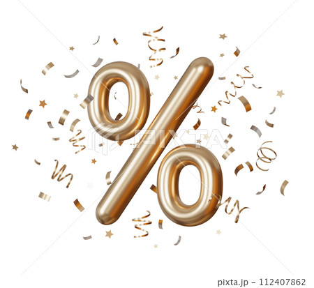 Golden discount sign with confetti isolated on white background. Percent symbol. Sale, special offer, good price, deal, shopping. Sale off promotion. Percentage. Black Friday. 3D render. 112407862