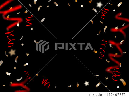 Golden and red confetti isolated on black background. Shiny particles, close up view. Party, Merry Christmas, New year, Birthday decoration. Cut out. Perfect for invitations, festive design. 3D. 112407872