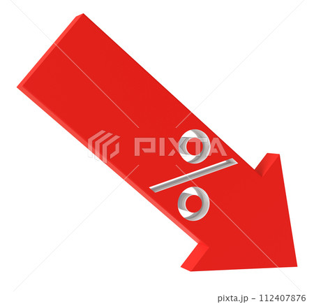 Red arrow pointing downwards with percentage symbol, ideal for marketing campaigns, indicating sales, discounts, or economic downturn trends. Arrow with percent sign, isolated on white background. 3D. Red arrow pointing downwards with percentage symbol, ideal for marketing campaigns, indicating sales, discounts, or economic downturn trends. Arrow with percent sign, isolated on white background. 3D. 112407876