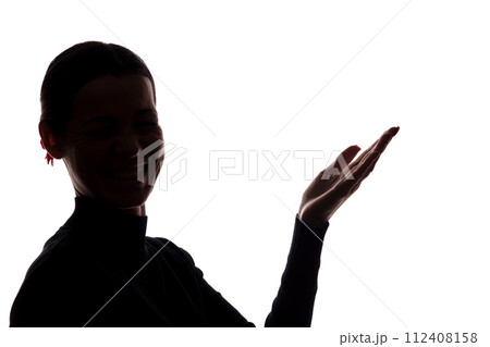 Young woman in suit shows his index finger, hand forward Young woman in suit shows his index finger, hand forward 112408158