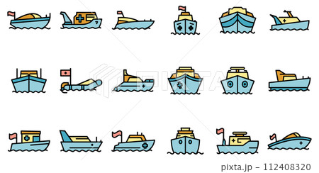 Rescue boat icons set. Outline set of rescue boat vector icons thin line color flat on white Rescue boat icons set. Outline set of rescue boat vector icons thin line color flat on white 112408320