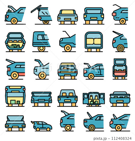 Trunk car icons set. Outline set of trunk car vector icons thin line color flat on white 112408324