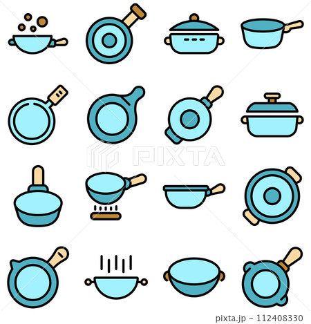 Wok frying pan icons set. Outline set of wok frying pan vector icons thin line color flat on white 112408330
